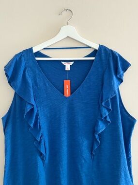 NWT Joe Fresh Blue V-Neck Tank Top 2X Ruffle-Trim/Darts Front & Back 100% Cotton